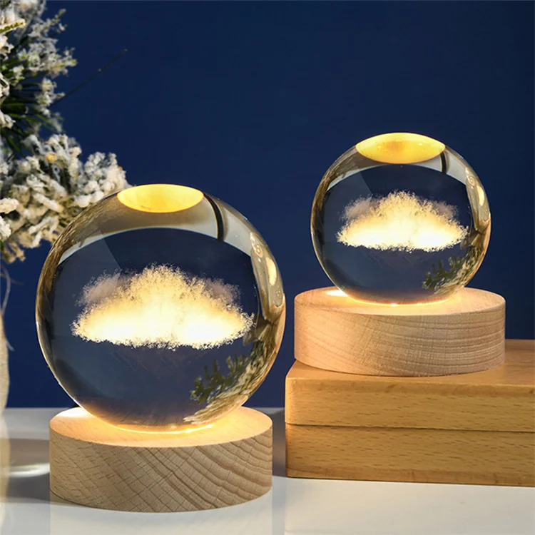 Veilleuse Boule De Cristal 3D Pour Enfants - Base En Bois, Lumière LED Blanche Chaude, Alimentation USB - Neuf