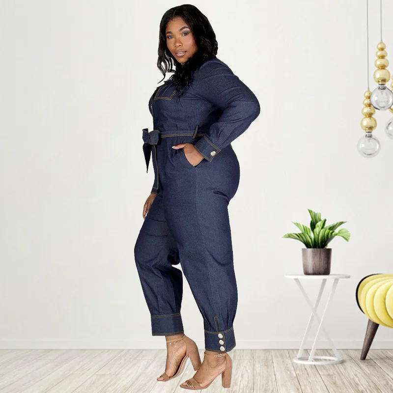 Y21863 Hot Selling Plus Size Women Denim Jumpsuit Slim V-Neck Long
