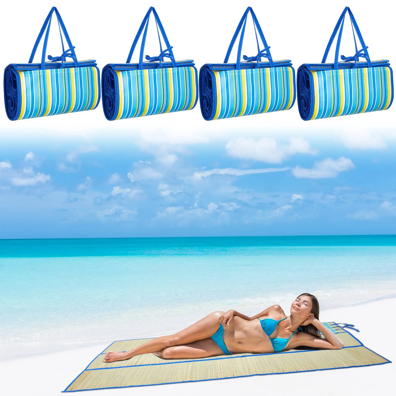 Customized Bamboo Beach Mat Roll Up 3 Folding Natural Outdoor High