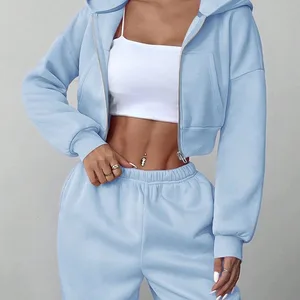 Custom Logo Women's Lady Clothing High Waisted Crop Top Sexy Zip up Latest Design Baggy Two 2 Piece Hoodie and Sweatpants Set