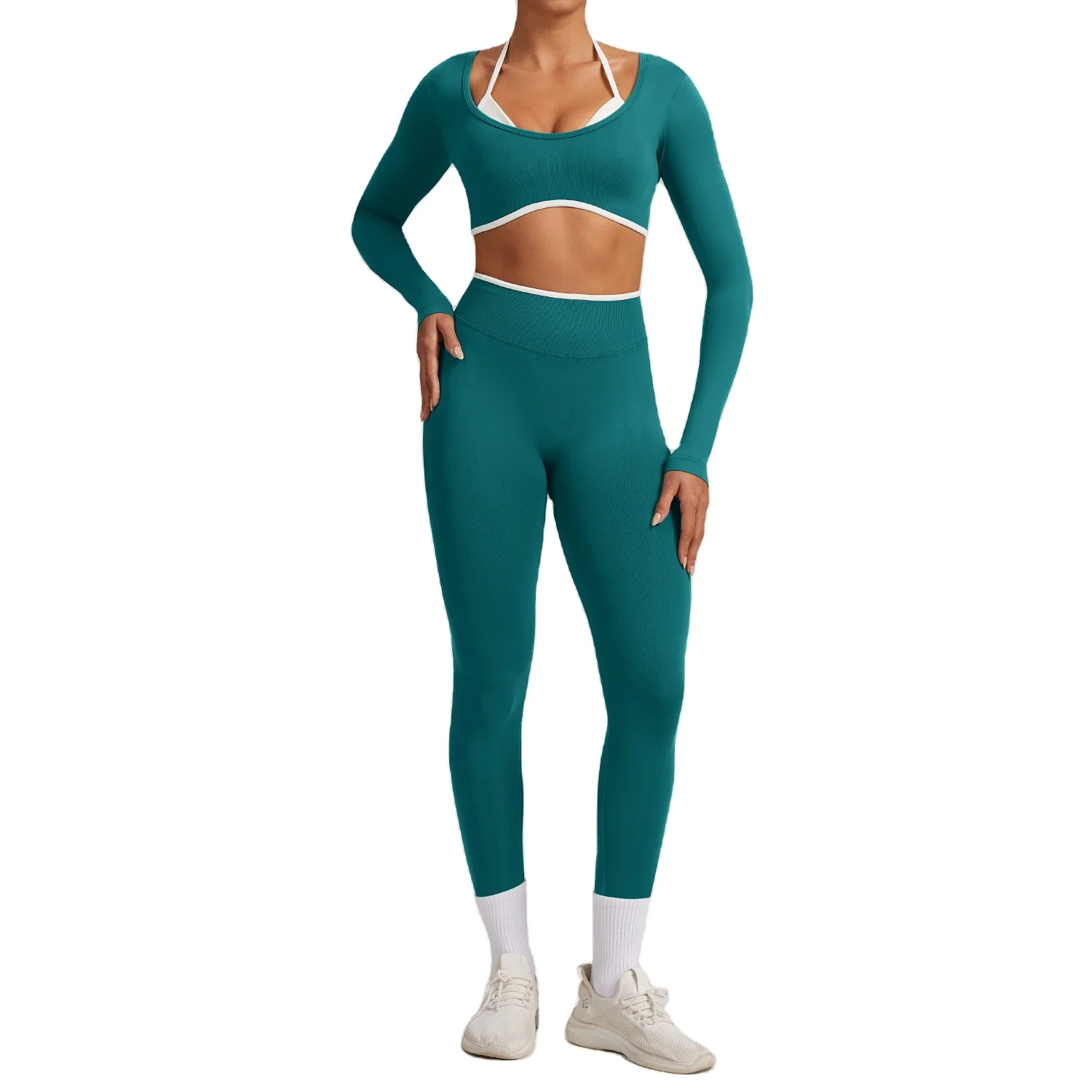 Seamless Tight-Fitting Solid Yoga Shorts 2-Piece Set Long-Sleeved Fitness Clothing Quick
