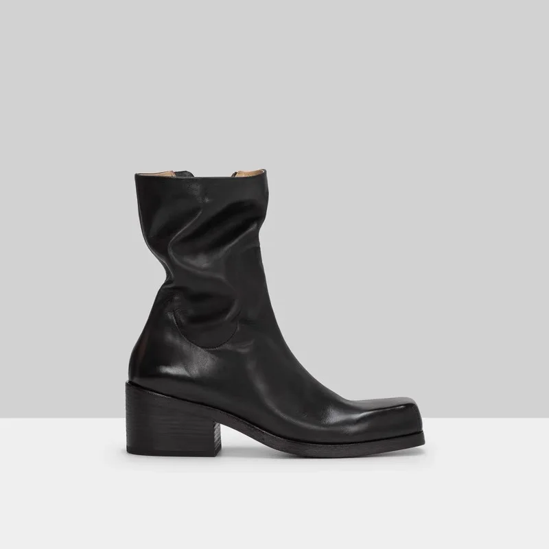 Classic Femme Boot Square Toe Chunky Heel Mid-calf Boots Genuine Leather Casual Zipper Western Women Black Ankle Boots - Image 1