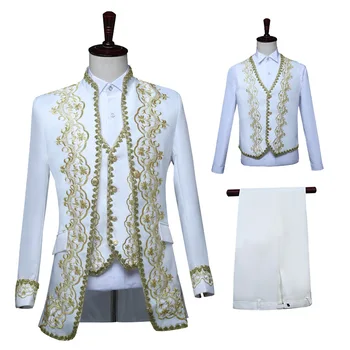 Plus Size Court Black and White Prince William Baroque Embroidery Men Suit Three Piece Stage Singer Medieval Wedding Prom Suits