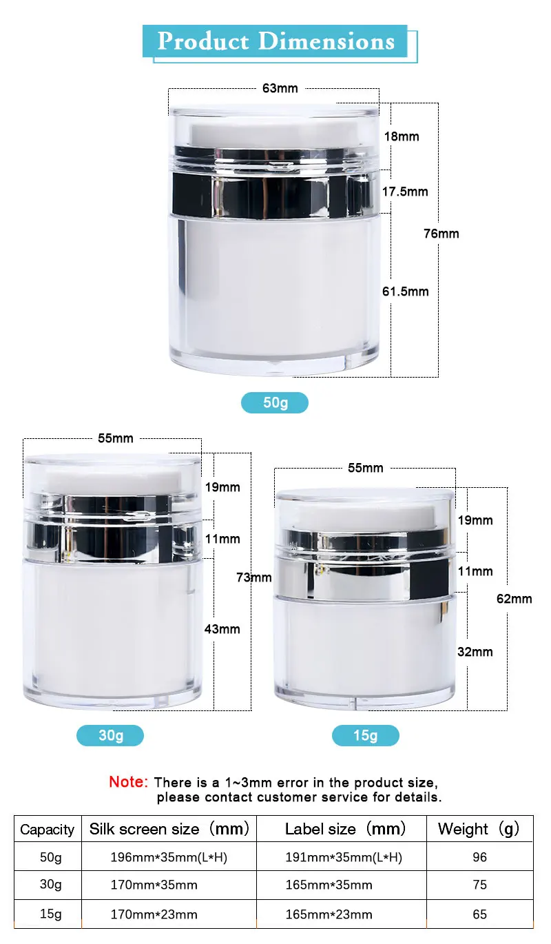 Luxury 15g 30g 50g 100g Personal Care Cream Airless Jar Plastic Airless