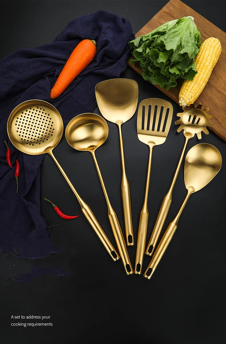 High Quality Kitchen Tools Metal Handle 7pcs Stainless Steel Kitchen Cooking Utensils Set Gold