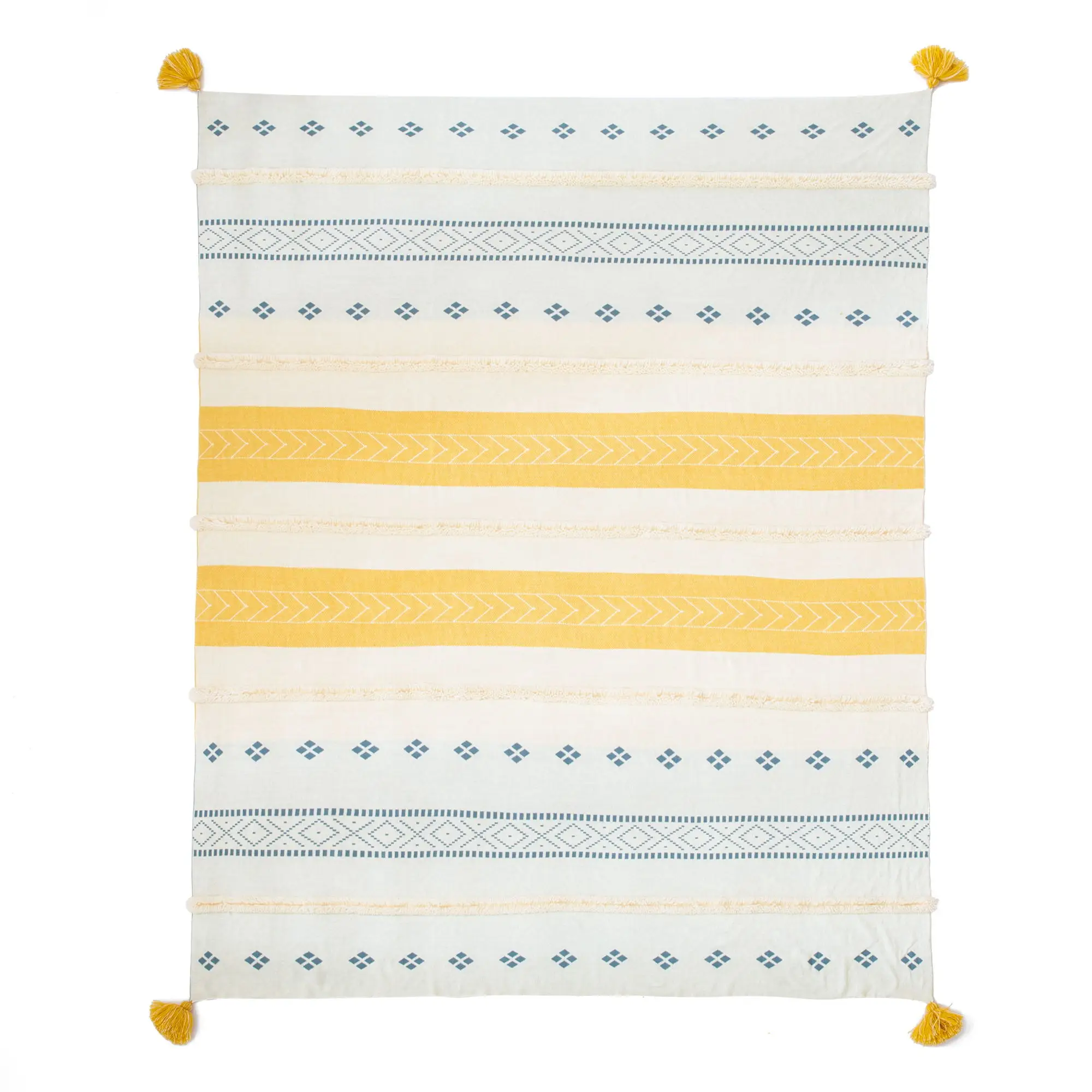 MM Soft Bohemia Plaid Tassel 100% Cotton Organic Pom Pom Fleece Knitted Throw Yellow Gray Knit Baby Weight Chunky Blanket