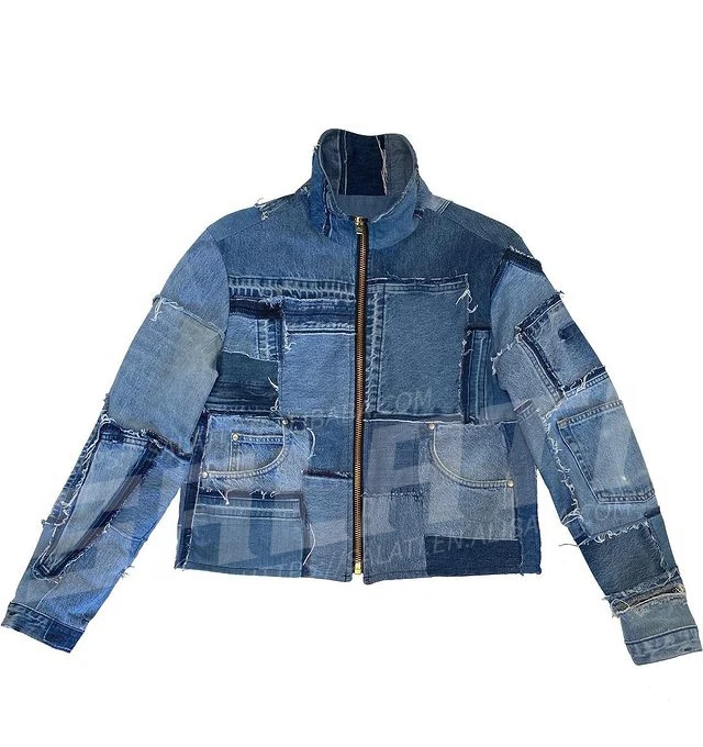 Custom Denim Jacket Patchwork Black Zip up Street Wear Denim Jacket Men gallery 4