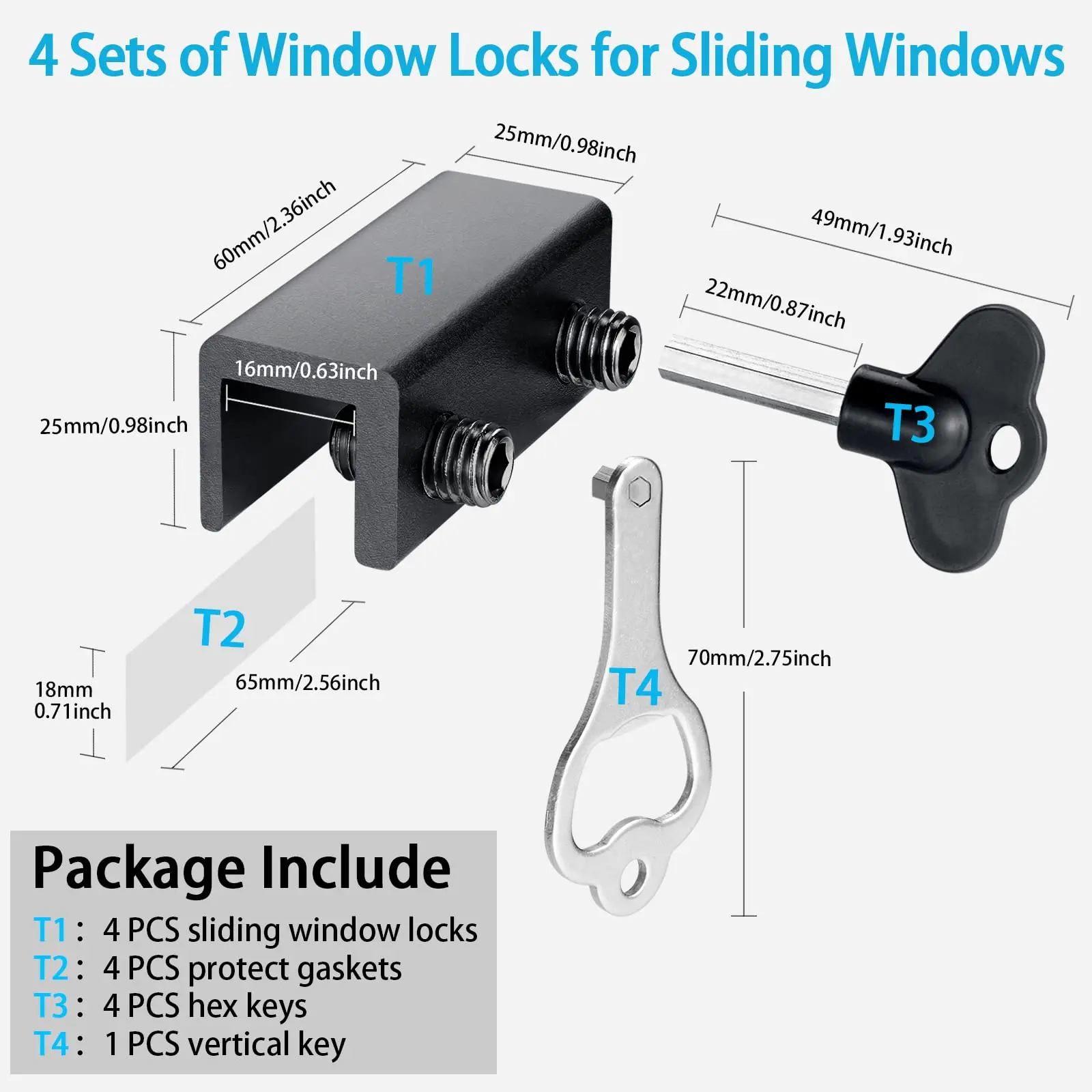 Window Locks,4 Sets Sliding Window Locks With Key for Vertical & Horizontal Sliding Windows Doors,Easv to Install,Adjustable
