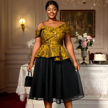 AM050344SET Asymmetrical Peplum Jacquard Top Tulle a Line Skirt Patchwork Women Formal Two Pieces Sets
