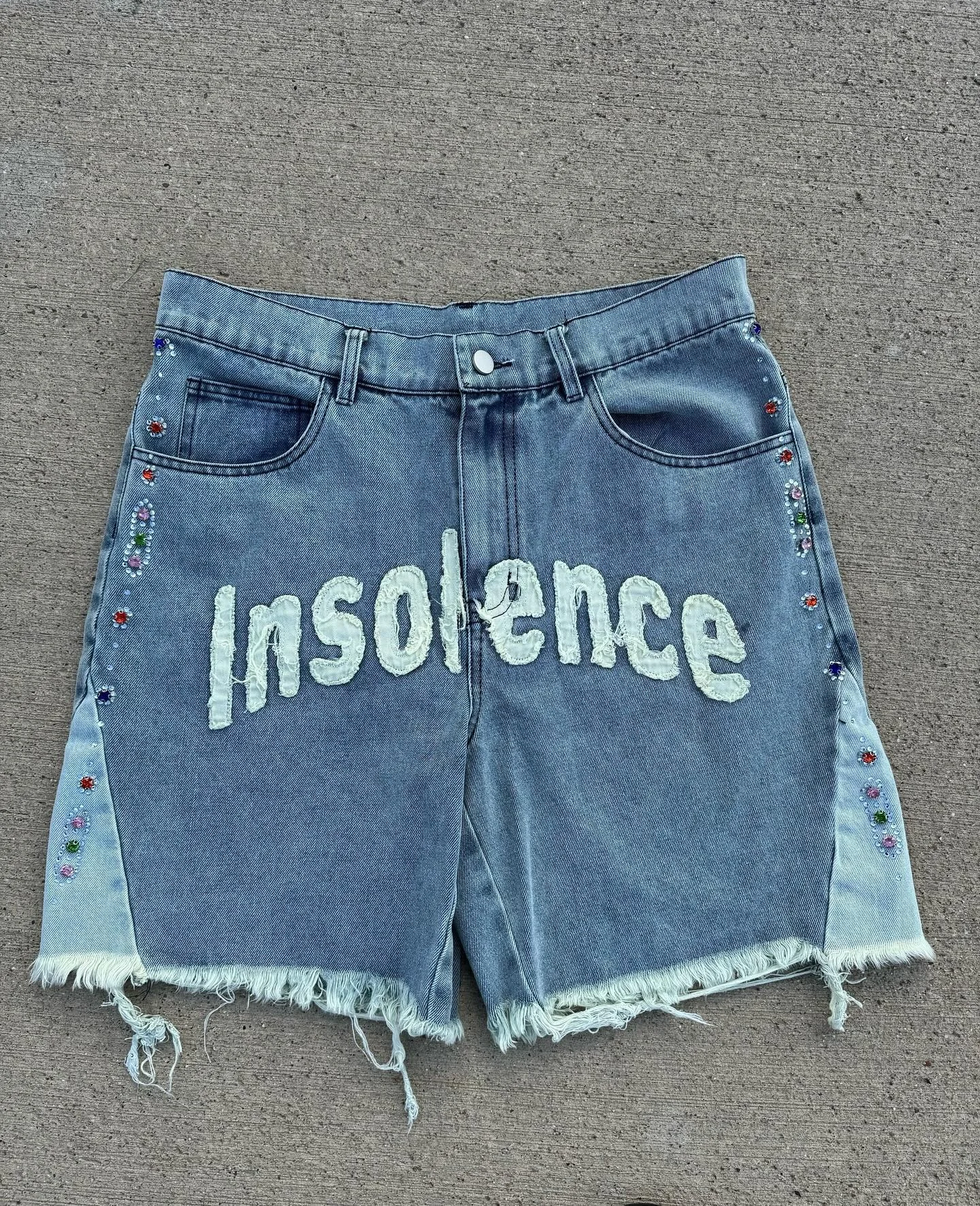 Custom Summer Streetwear Oversized High Waist Cotton Baggy Rhinestone Men Flare Denim Jeans Shorts Trouser Jorts With Embroidery gallery 7