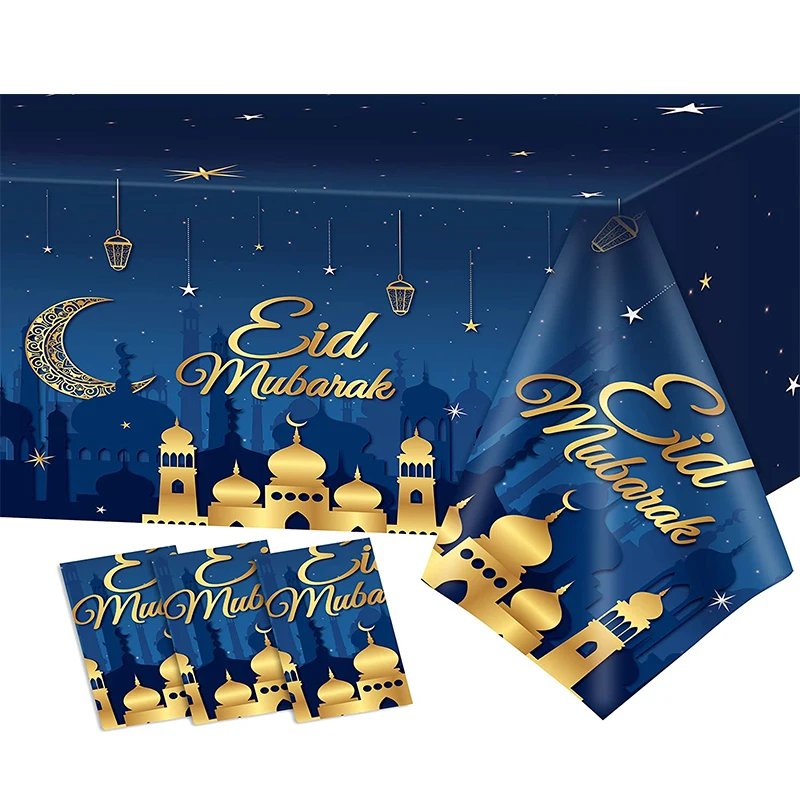 Plastic Tablecloth Eid Mubarak Table Cover for Ramadan Party for Wedding Banquet Birthday Home Use Muslim Theme Navy Blue Free