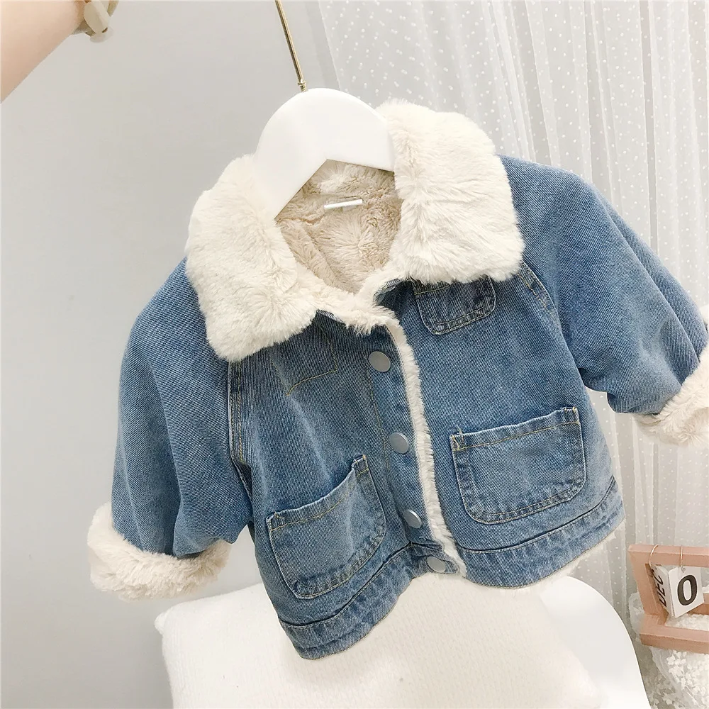 Fall Autumn Winter Baby Girls Fur Fleeced Denim Jackets Plus