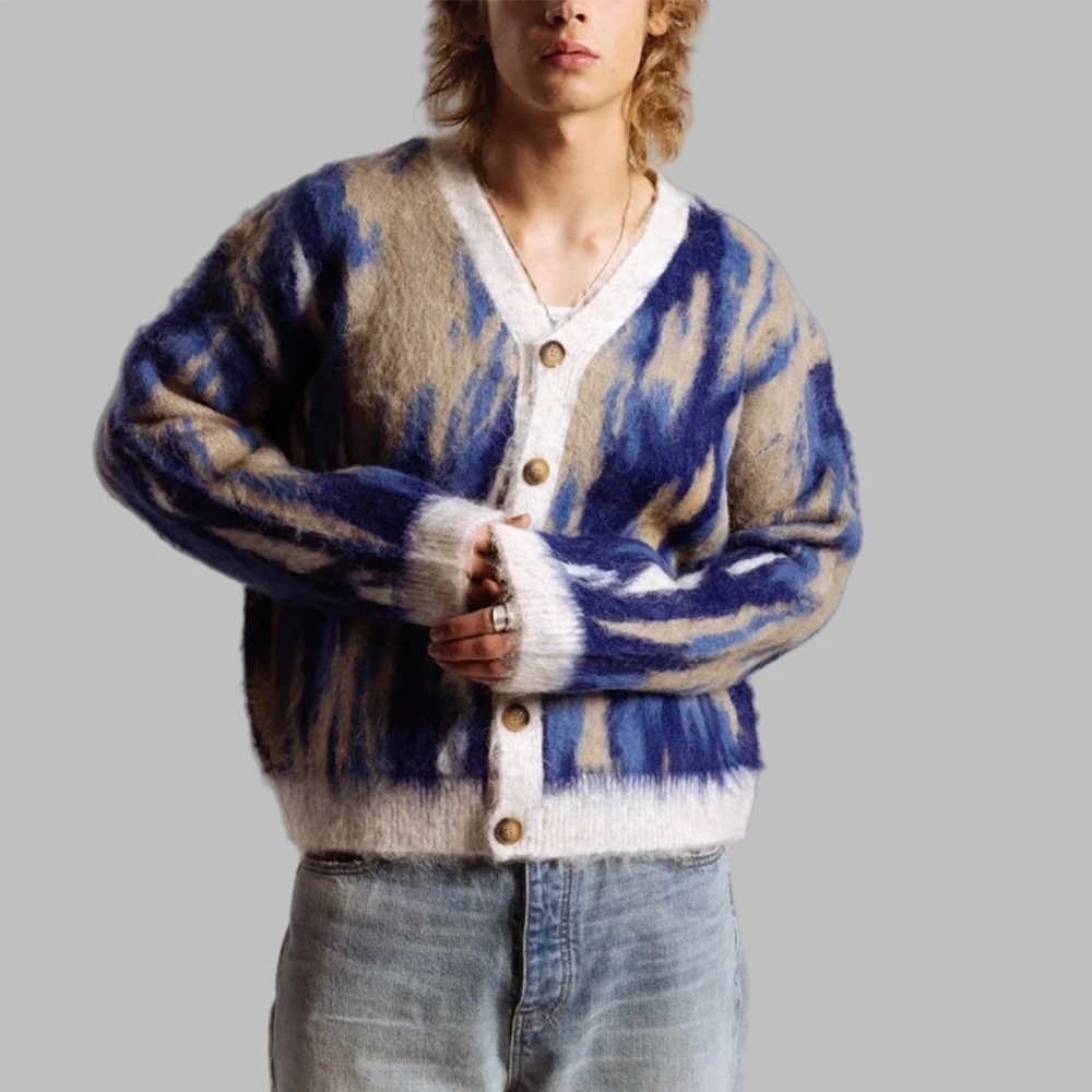 Custom Logo Mannen Mohair Trui Oem Casual Jacquard Patroon