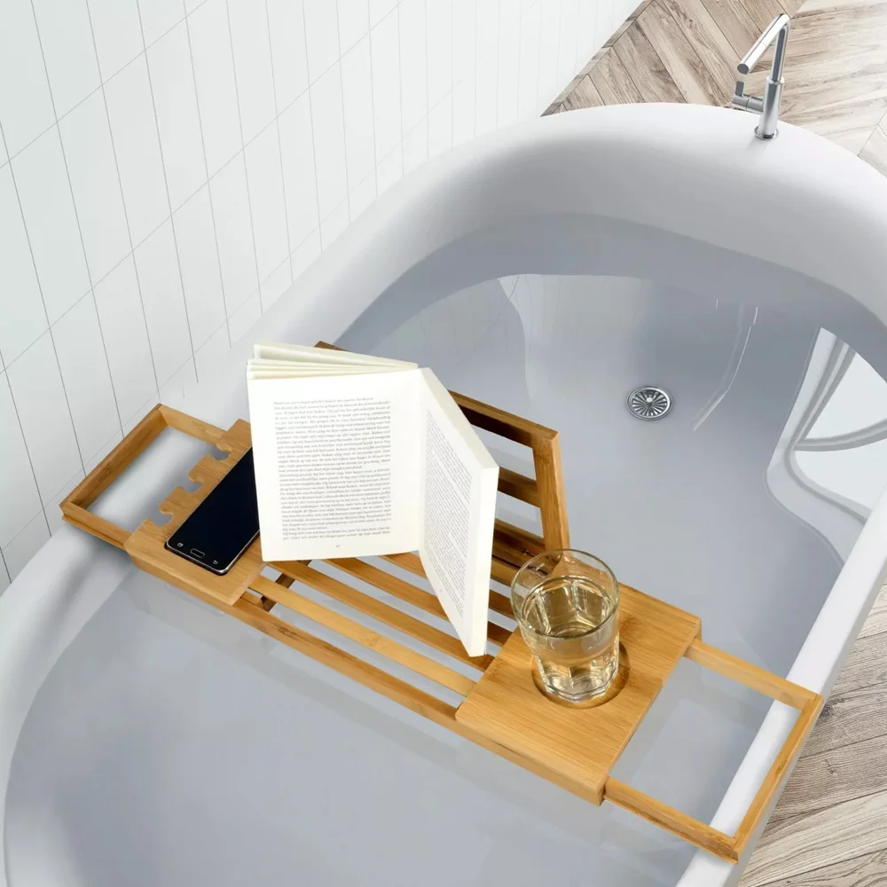 product bamboo bathtub caddy extendable bath tray with wine glass phone book holder luxury spa bathroom organizer for relaxing bath-10