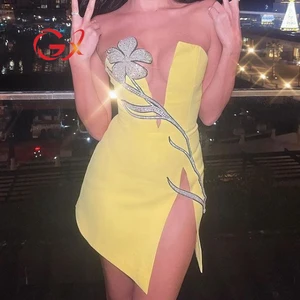 GX00125 Luxury Quality Sexy Sleeveless Rhinestone Floral V-neck Backless Bandage Mini Dress Elegant Party Evening Dresses