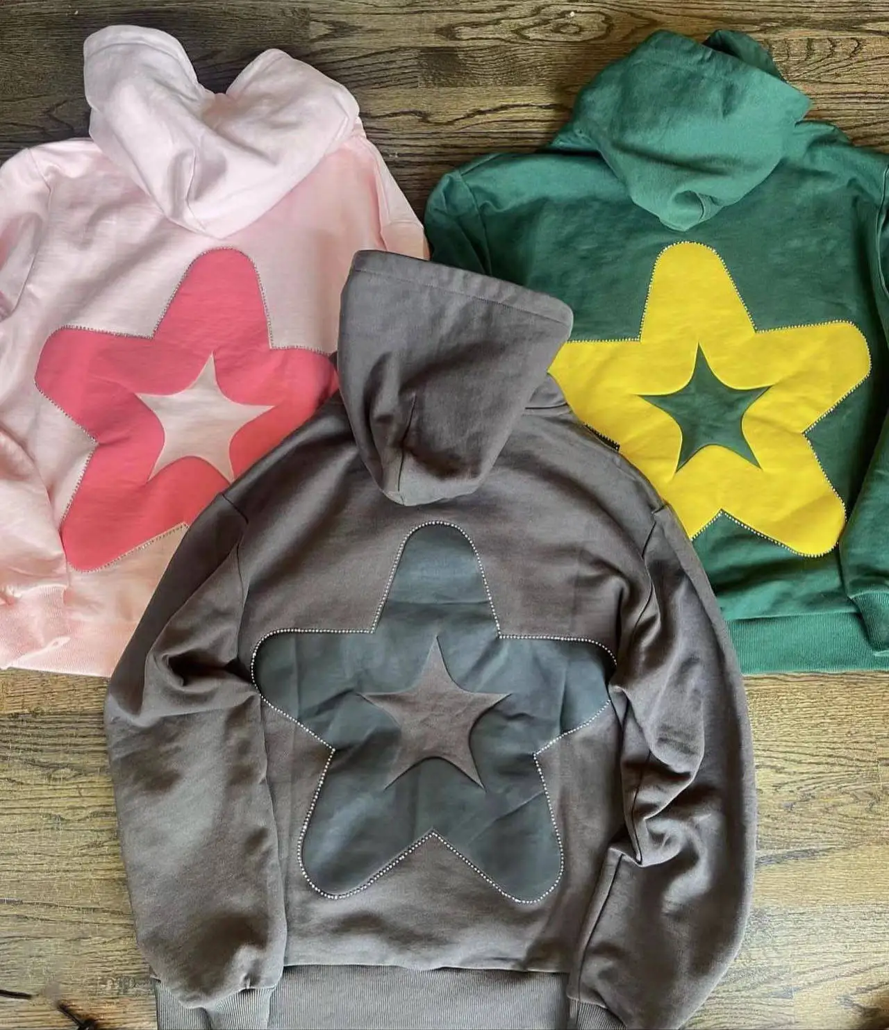 Custom Women Unisex Streetwear Sweatshirts No String 100% Cotton Double Hood Pullover Puff Print Rhinestone Hoodies for Men gallery 2