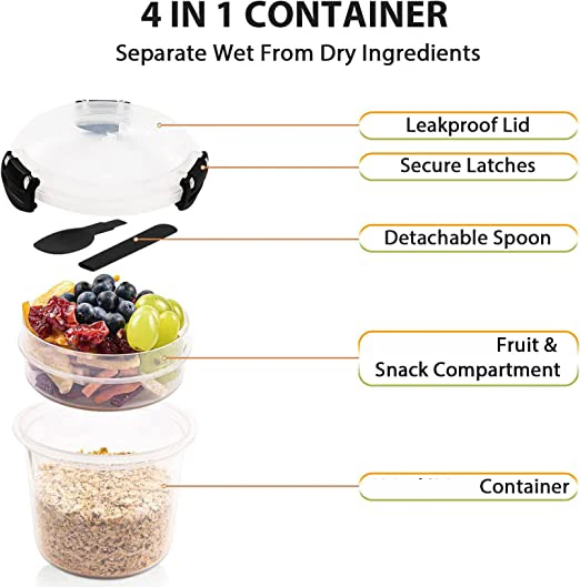 DS1914 Food Storage Containers for Oatmeal Yogurt Cereal Milk Breakfast on the Go Cups Overnight Oats Containers with Lids Set