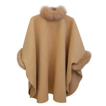 Winter new style fox fur collar mid-length woolen coat temperament cloak shawl coat women plus size jacket