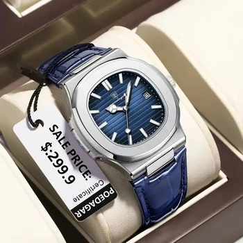 POEDAGAR Watch for Men Fashion Square Leather Strap Calendar Luminous Waterproof Quartz Watches Mens Luxury Man Clock custom