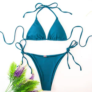 2026 New European American Triangle Pattern 2-Piece Bikini Set Solid & Sexy Split Swimsuit with Logo Waist OEM Service Beachwear