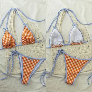 Manufacturer High Quality Stylish Beach Swimwear Print Design Halter Neck Women's Bikini Set Custom Two Piece Gingham Swimsuit