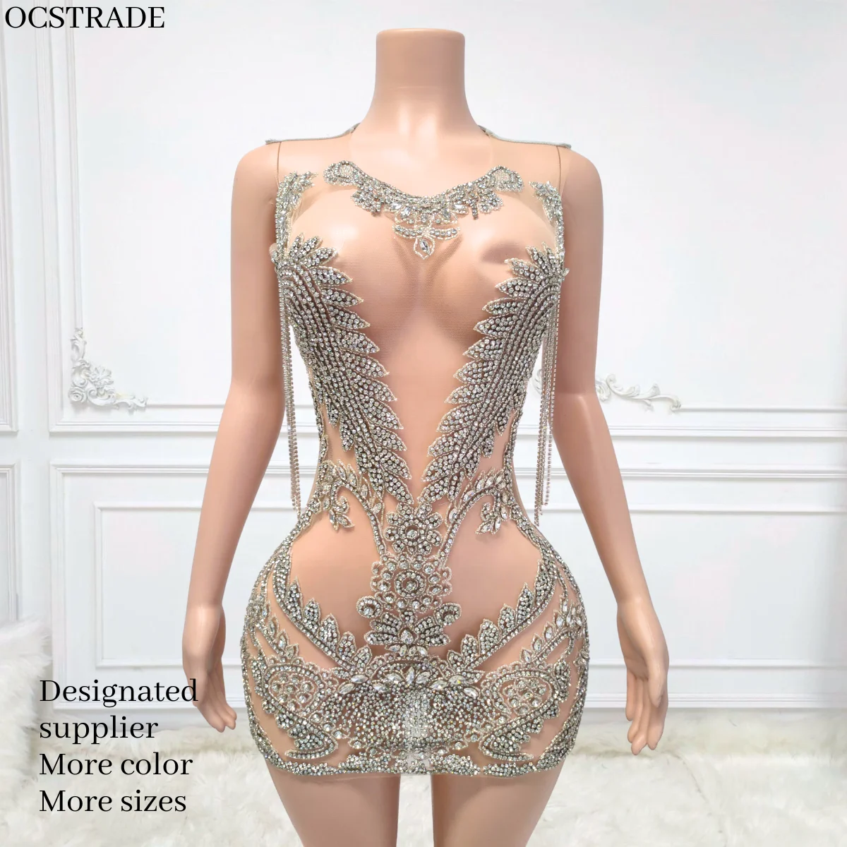 Ocstrade Para Mujeres Luxury Crystals Night Club Dress O Neck Rhinestone  With Tassel Sexy Transparent Mesh Mini Dress for Women| Alibaba.com