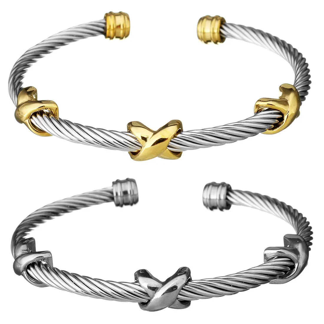 Cool Steel & Beyond Adjustable Cuff Bangle – Stainless Steel Twisted Cable Bracelet In Black & Gold Two-Tone