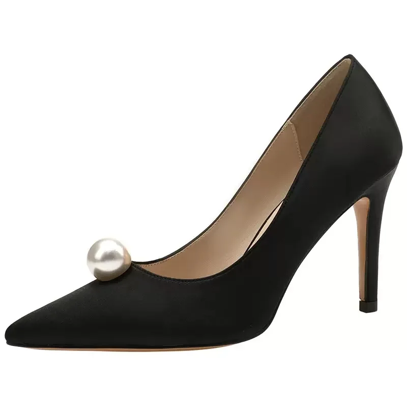 Ladies Bride Shoe Pointed Toe Stiletto Wedding Shoes Set Big Size White Lace Pearls 8 Cm Heel Women