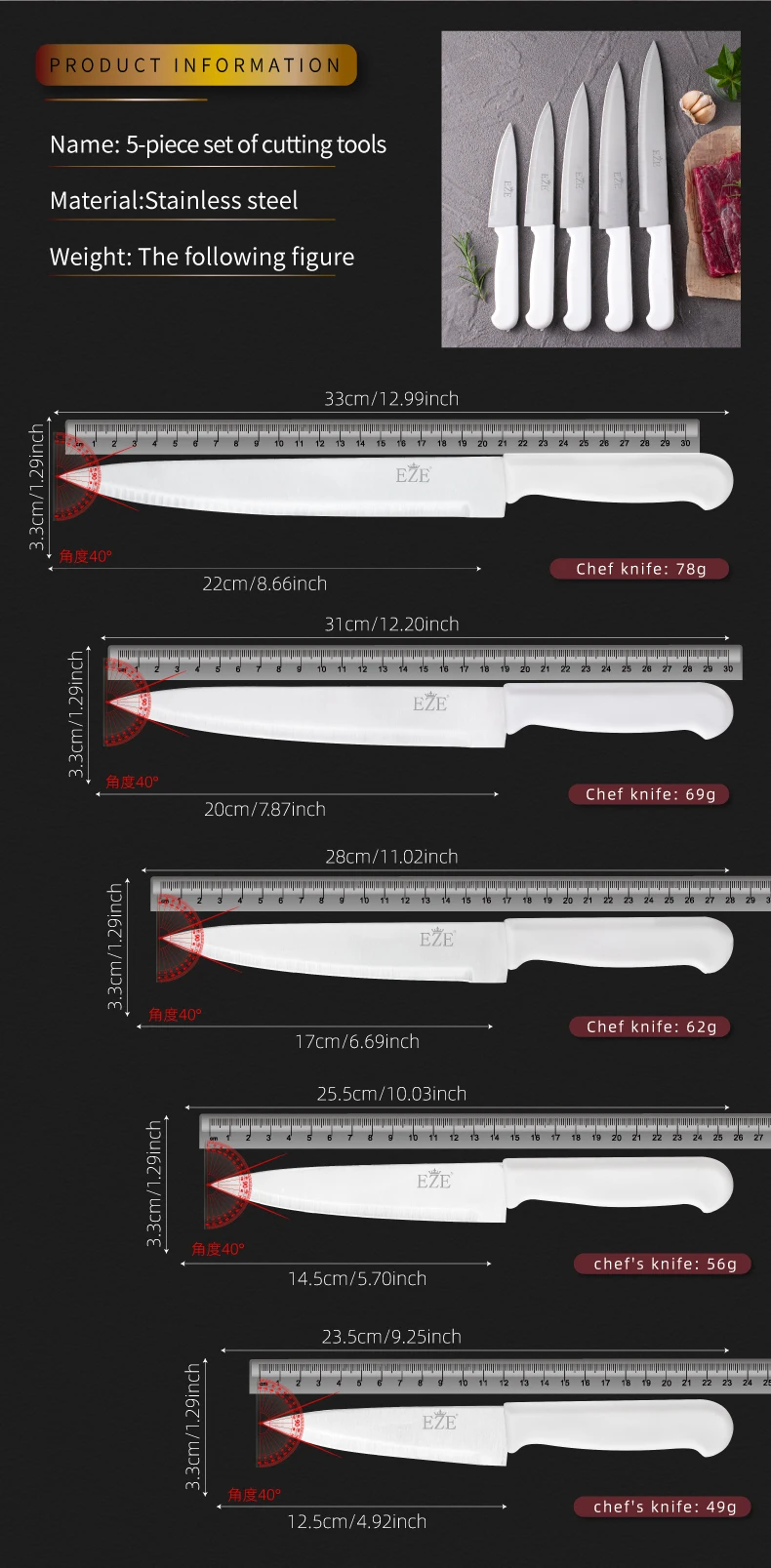 Factory Wholesale 5pcs Kitchen Knife Set 3cr13 Stainless Steel Kitchen