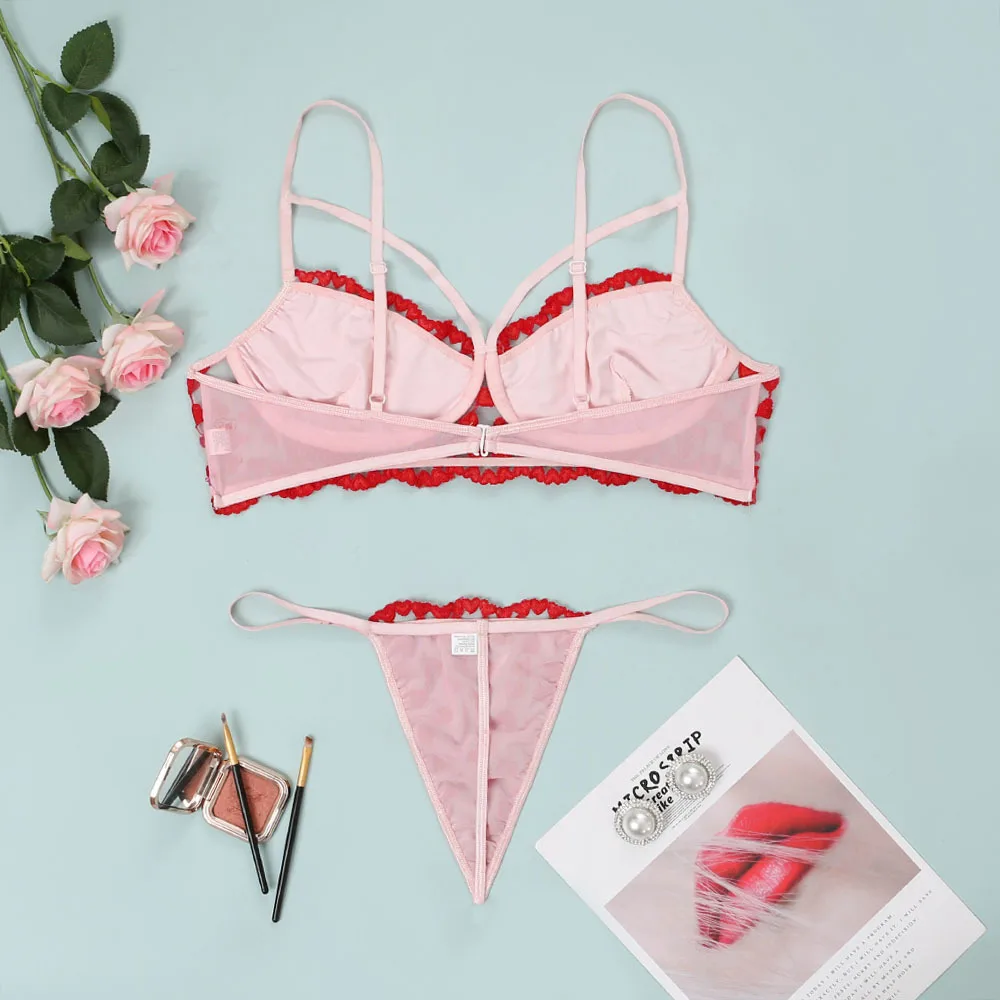Valentines Day Heart Embroidery Lace Pink Red Strappy Sexy Bra ...