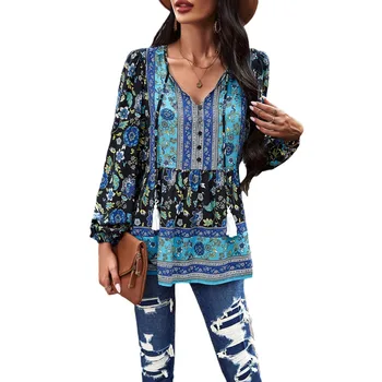 European and American Women's Wear 2024 Spring and Summer Fashion Temperament Casual Print V-Neck Long Sleeve Top