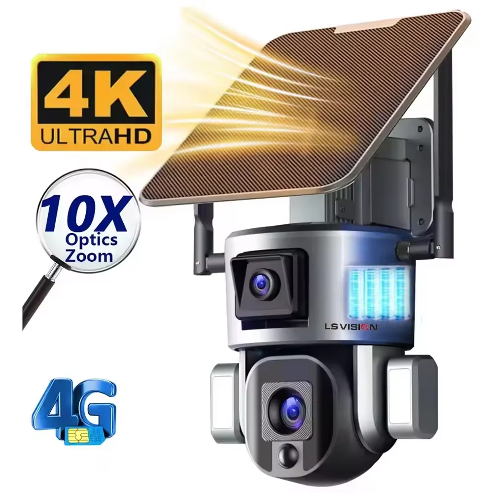 Caméra de sécurité extérieure LS VISION 4K avec zoom 10x, double objectif,  vision nocturne, alarme, CCTV, caméra PTZ solaire 4G avec projecteur