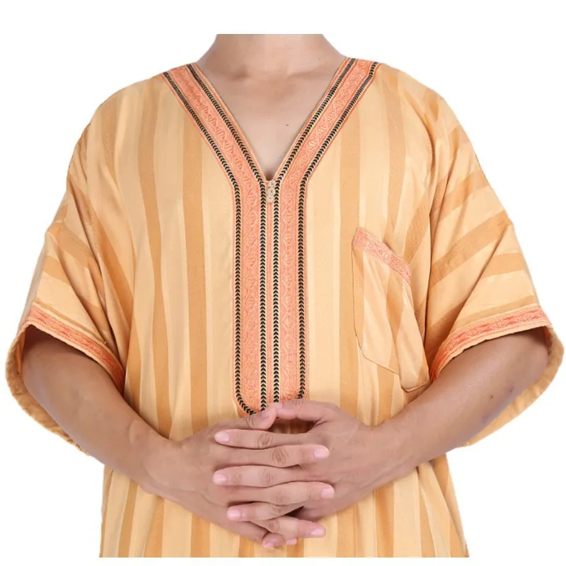 2024 Moroccan Style Men's Delicate Embroidered Caftan Stripe Pattern Short Sleeve Men Thobe Africa Clothing  Islamic Robe