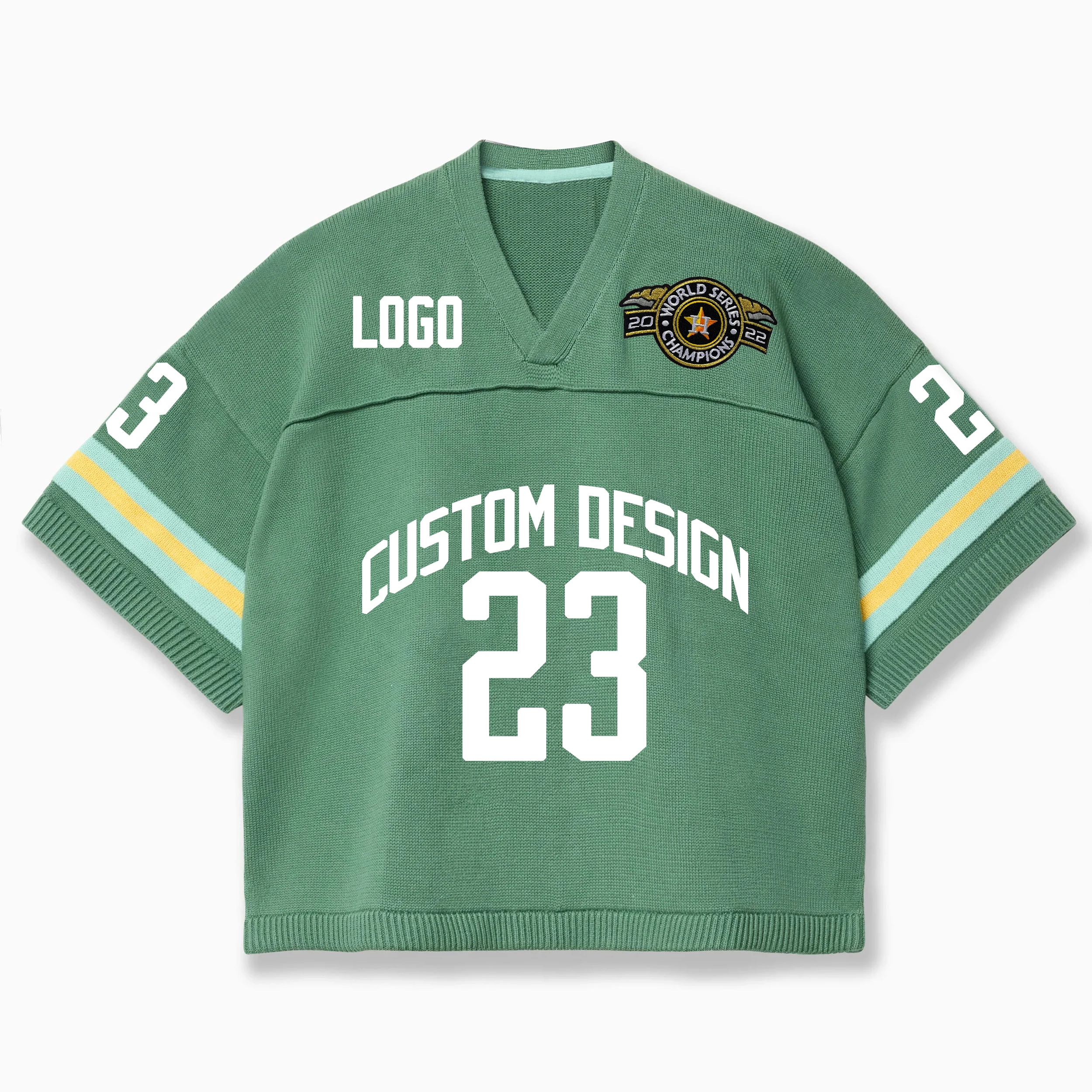 Custom Heavy Cotton V Neck Drop Shoulder Tshirts Long Sleeve Tshirt Knit Sport Football Jersey Sweater T-Shirt Men Knit Jersey