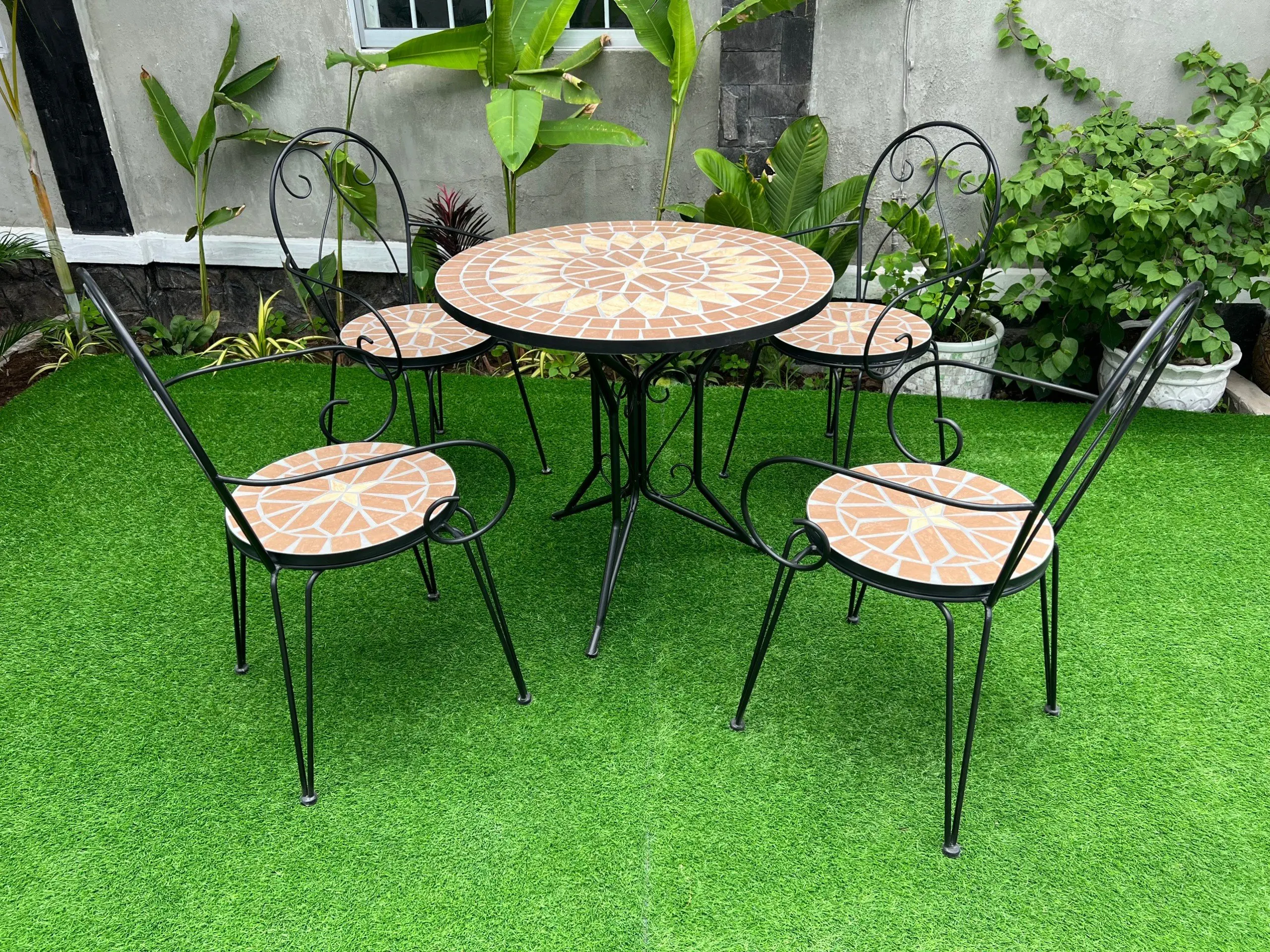 Patio Dining Set Round Mosaic Table with 4 Patio Folding Chairs Garden Outdoor Table and Chairs