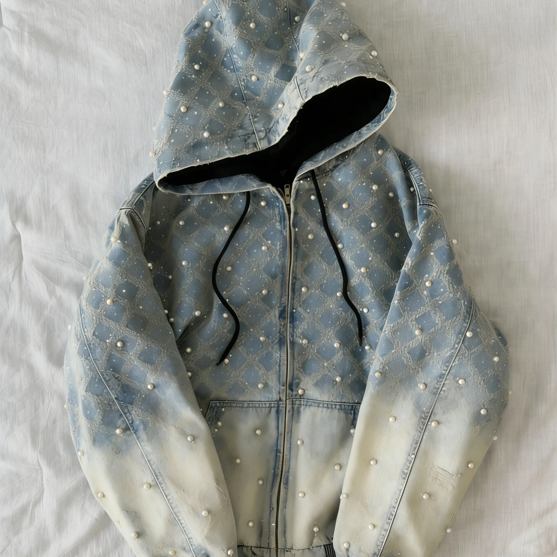 Custom Zip up Wash Duck Canvas Hoodie Glitter Bling Rhinestone Print Vintage Detroit Worker Work Workwear Jean Denim Jacket Men gallery 6