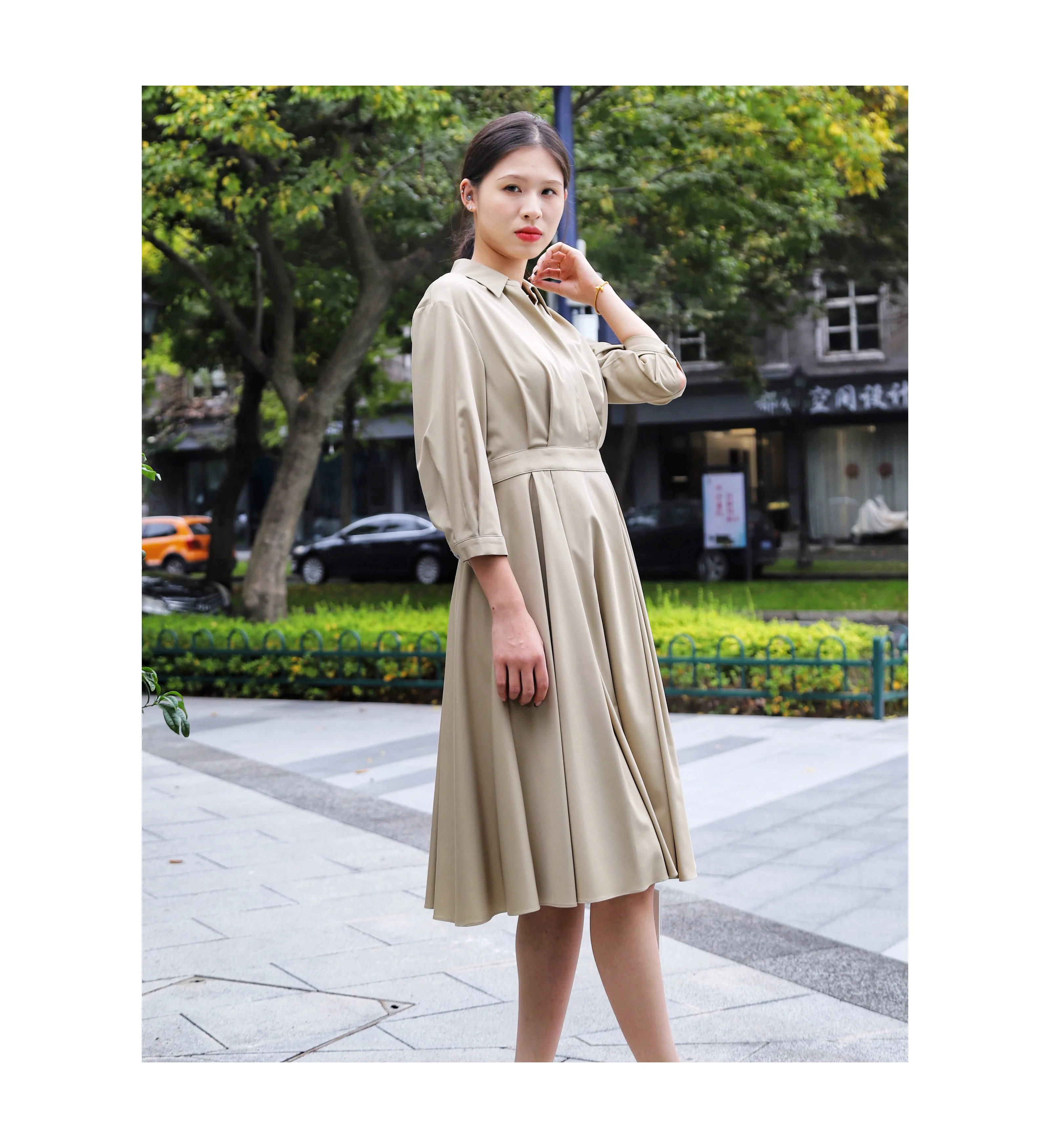 polyester rayon dresses Classic Stretch Polyester Rayon Breathable Midi Dress for Women Simple  Style Shirt Skirt Plain Dyed and Woven Washable
