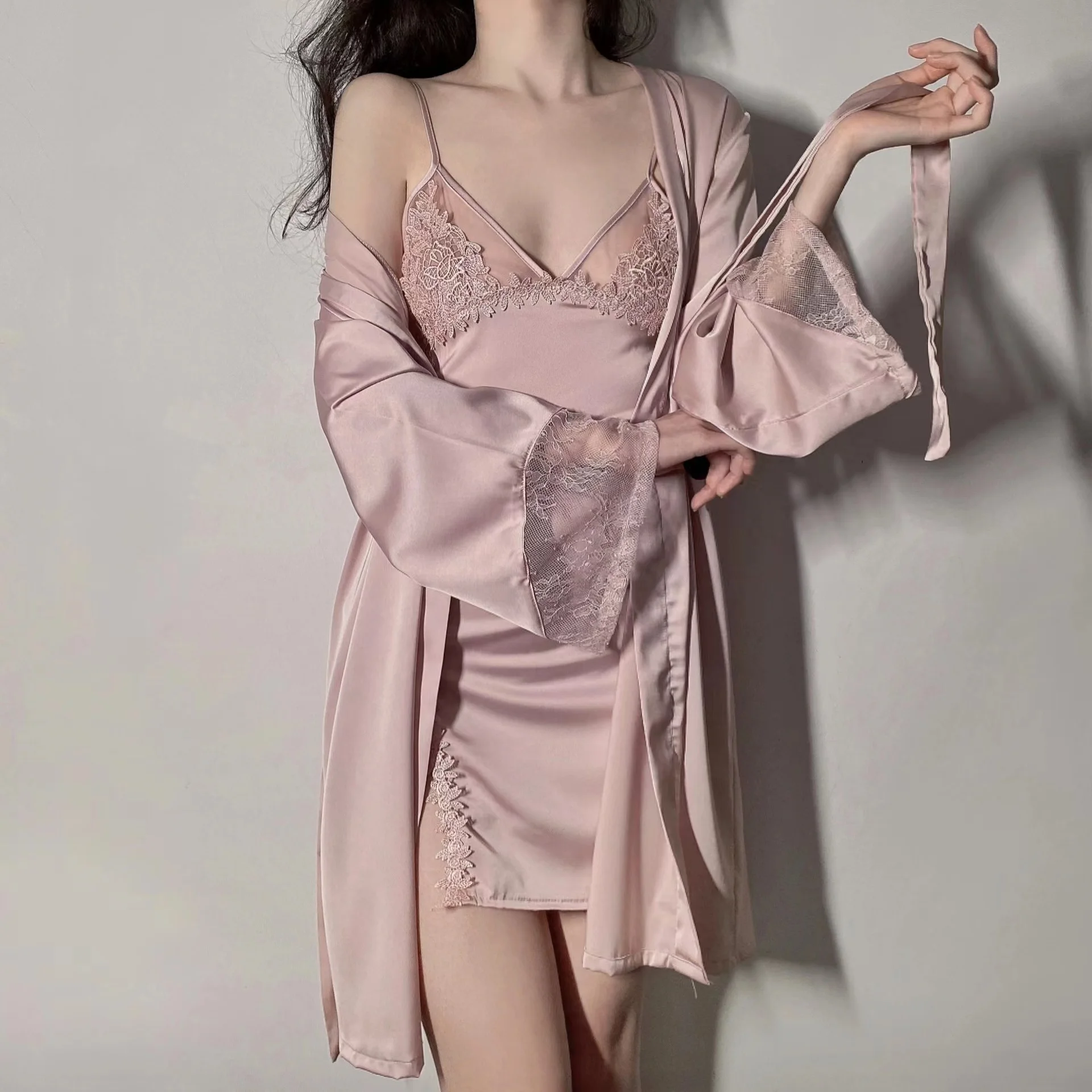 Pink Transparent Night Suit For Ladies Sexy Lace Transparent Long