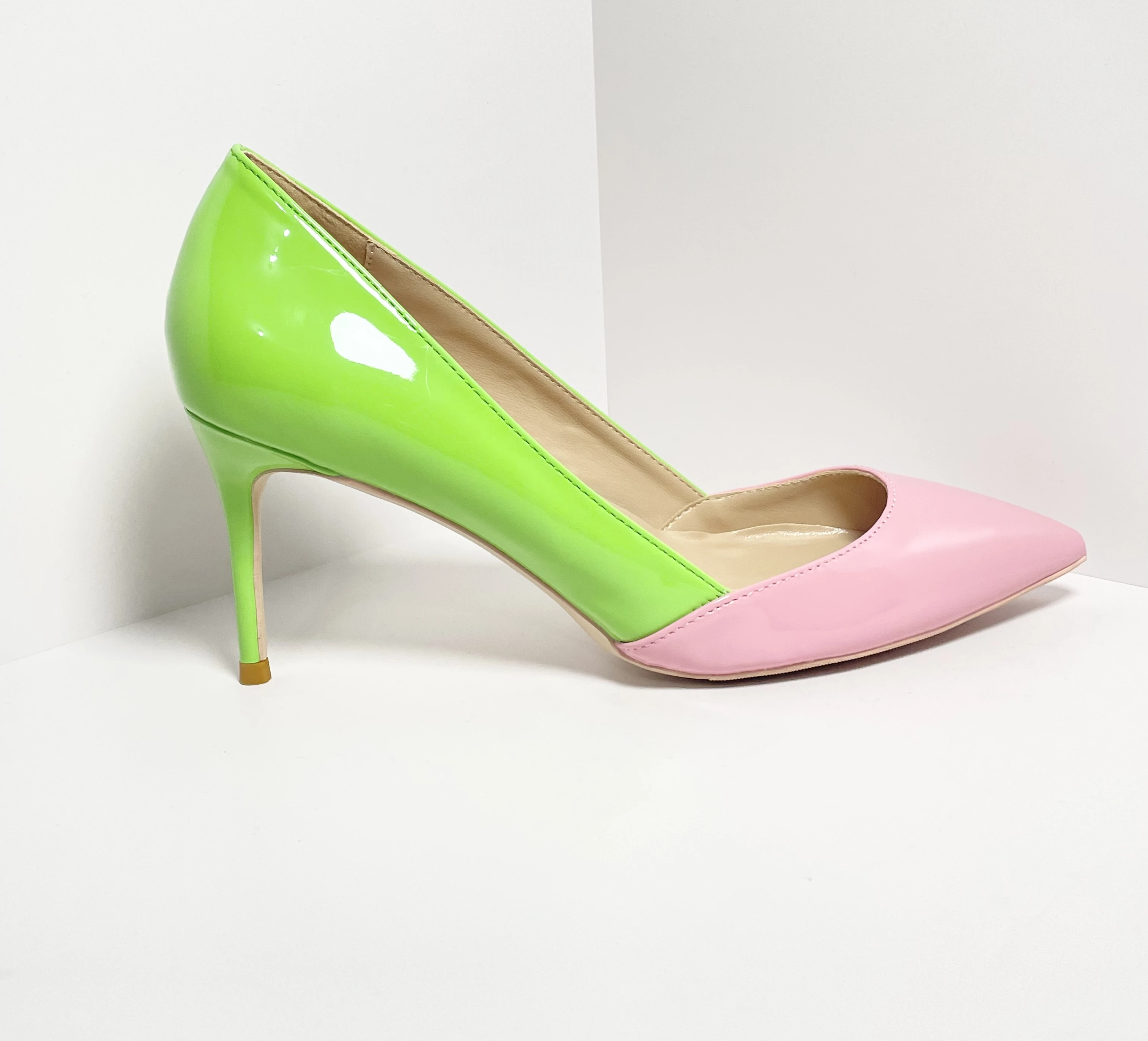 Patent Leather Pink &green Mixed Color High Heel Pumps Ladies Pointed Toe Luxury Women Thin Heel Pumps - Image 3