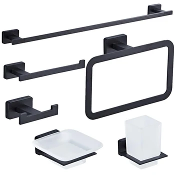 Wall Mounted Black Towel Rack Holder Sanitary Stainless Steel 6 pieces Bathroom  Accessories Hardware Set