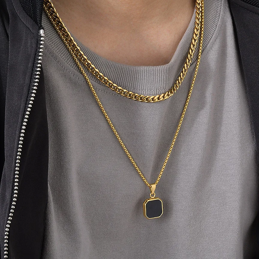 Fashion Men Square Turquoise Onyx Pendant Necklace 18k Gold Plated  Stainless Steel Malachite Green Stone Charm Necklace