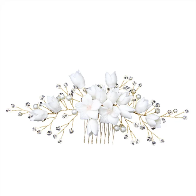 Bridal Wedding Metal Headdress Handmade White Clay Flower Pearl Crystal Hair Comb Insert Comb Hair Accessories