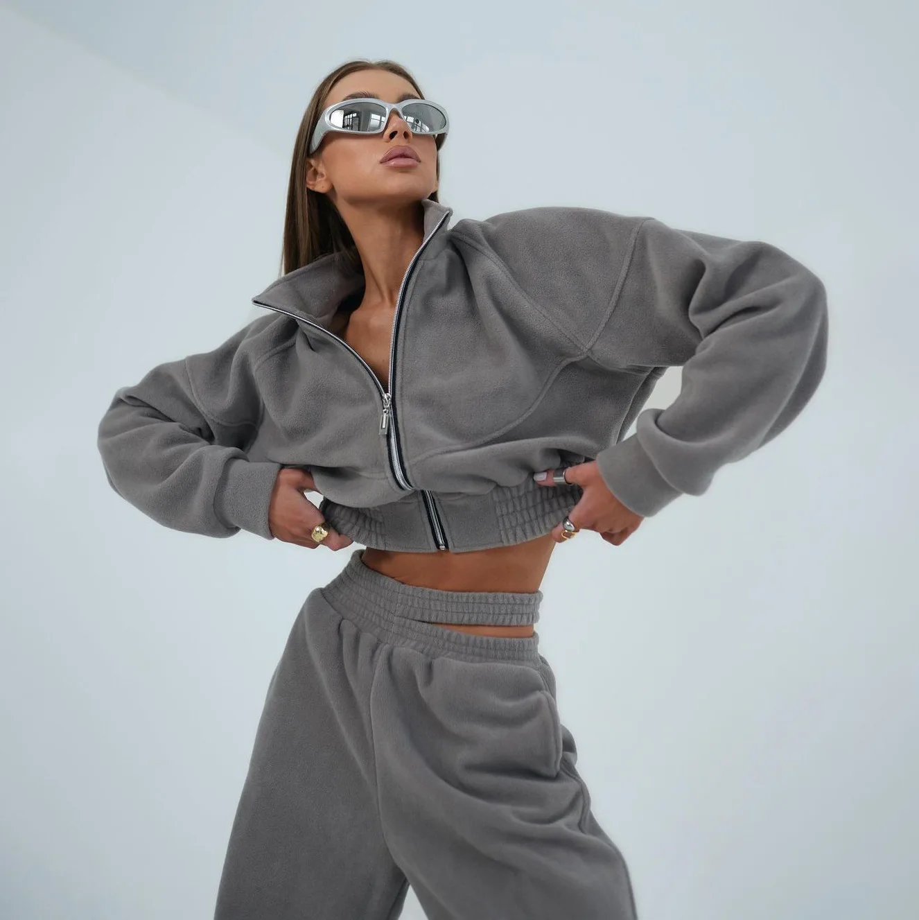 2025 Fall Winter Custom Logo Women Y2K Zipper up Fashion Sexy Crop Tops Sweatpants Set Women Tracksuits