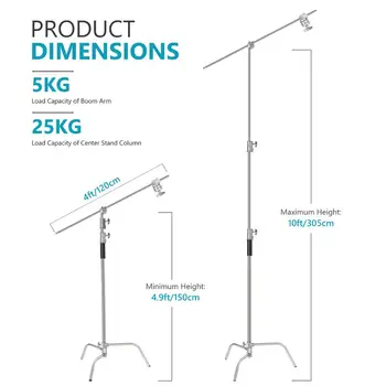 Neewer Stainless Steel Heavy Duty C-Stand, 5-10 Feet/1.5-3 Meters Adjustable Photographic Sturdy Tripod for Reflectors Softboxes detail image