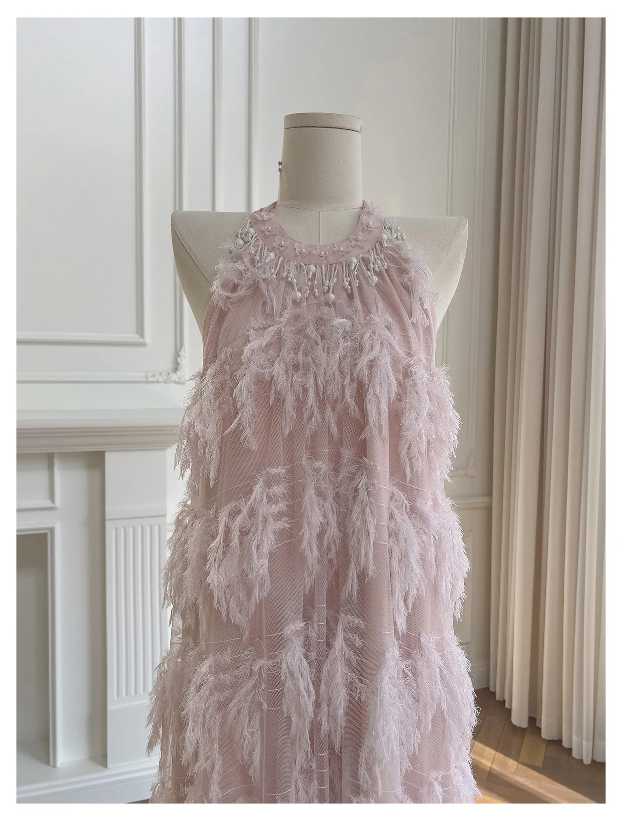 AELESEEN Fashion Tassels Pearl Dress Women's Round Neck Feathers Sleeveless Halter High Waist Dresses 2025 Summer New Party