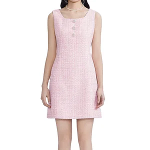 Custom High Quality Summer Casual Elegant Office Dress for Women Pink Boat Neck Sleeveless Buttons Sweet Natural  Waist Dress