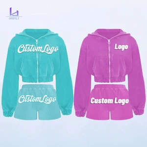 Huili Oem Heavyweight Cotton French Terry Solid Color Zip up Crop Top Jacket Custom logo Two Piece Women Hoodie and Shorts Set
