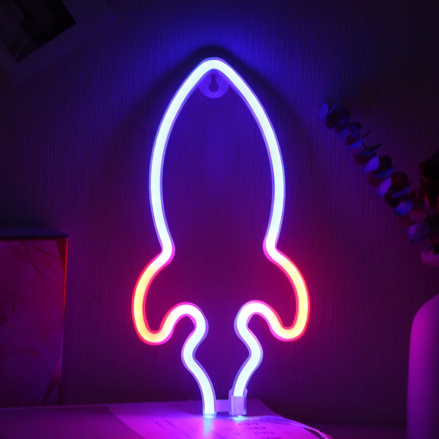 LED Rocket Shape Neon Light Colourful Wall Lamp Christmas Birthday Party Decor 