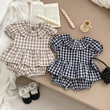 Ins New girls' suit summer Korean style Plaid lapel short sleeve top + Shorts baby girl thin two-piece suit
