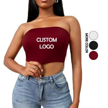 Custom Cute Workout Shirts Off Shoulder Strapless Plain Sleeveless Blouse Tops Solid Color White Black Woman Sexy Crop Tube Top